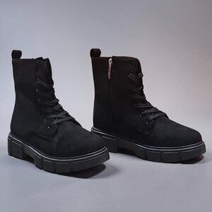 Black Chunky Platform Lace-Up Ankle Boots With Side Zipper Faux Suede Material W